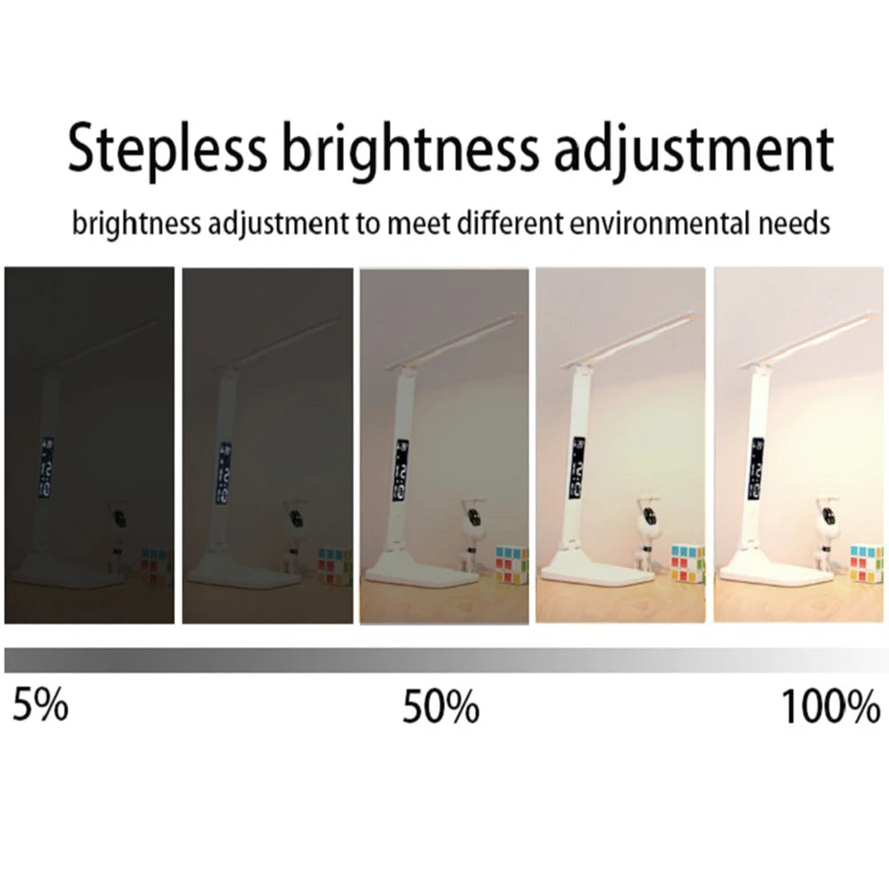 Lâmpada de mesa dobrável usb leitura toque regulável proteção para os olhos com despertador termômetro led lâmpada de mesa carga usb luz noturna