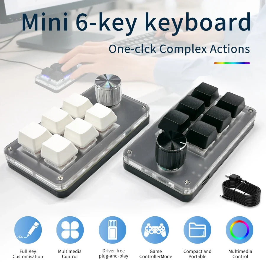 Teclado Mecânico Gamer com 6 Teclas e 1 Botão Rotativo, RGB Personalizável, Programável, com Funções Macro, Hot Swap e Suporte para PS, para Copiar e Colar