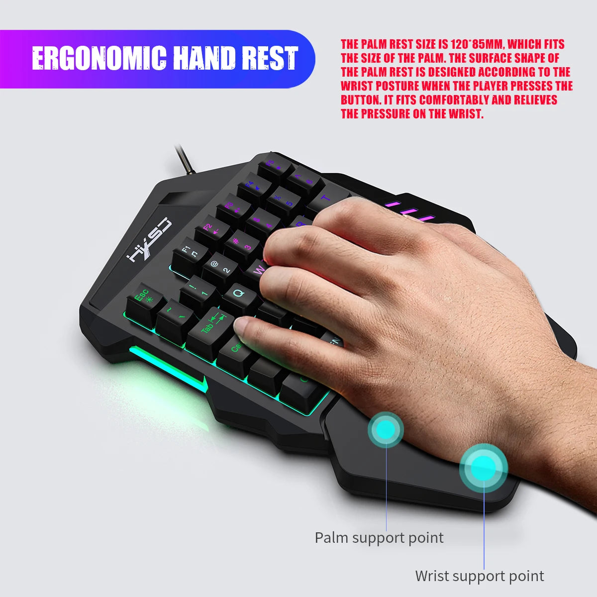 Teclado ergonômico para jogos com uma mão, design compacto de 35 teclas, iluminação RGB, alimentado por USB, teclas de filme fino para jogos aprimorados