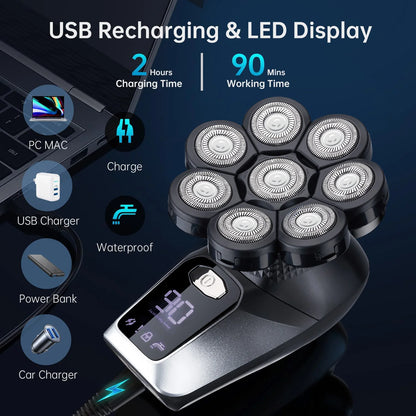 Aparador de Cabelo Elétrico 6 em 1 para Homens Calvos, 7 Lâminas Flutuantes, Recarregável via USB, Display LED, à Prova d'Água