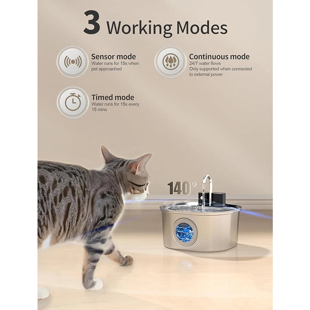 Bebedouro Automático Sem Fio de Aço Inoxidável 3.2L para Pets, Fonte de Água Inteligente para Gatos e Cães com Janela Visual