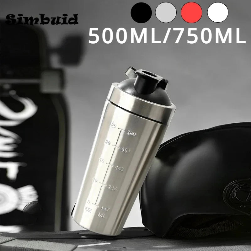 Garrafa agitadora de proteína em pó de aço inoxidável com bola de aço e escala à prova de vazamento ginásio fitness esporte trigo shakes copo