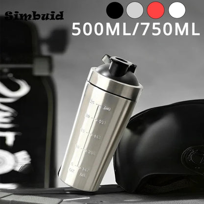 Garrafa agitadora de proteína em pó de aço inoxidável com bola de aço e escala à prova de vazamento ginásio fitness esporte trigo shakes copo