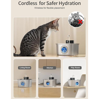 Bebedouro Automático Sem Fio de Aço Inoxidável 3.2L para Pets, Fonte de Água Inteligente para Gatos e Cães com Janela Visual