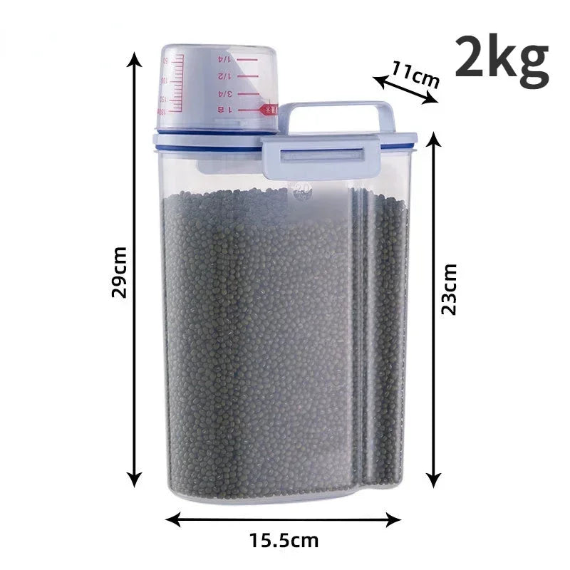 Balde de plástico para armazenamento de comida para cães e gatos, 1.5kg/2kg, com copo medidor, recipiente à prova de umidade, jarra selada, acessórios para animais de estimação