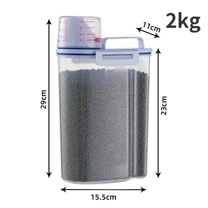 Balde de plástico para armazenamento de comida para cães e gatos, 1.5kg/2kg, com copo medidor, recipiente à prova de umidade, jarra selada, acessórios para animais de estimação
