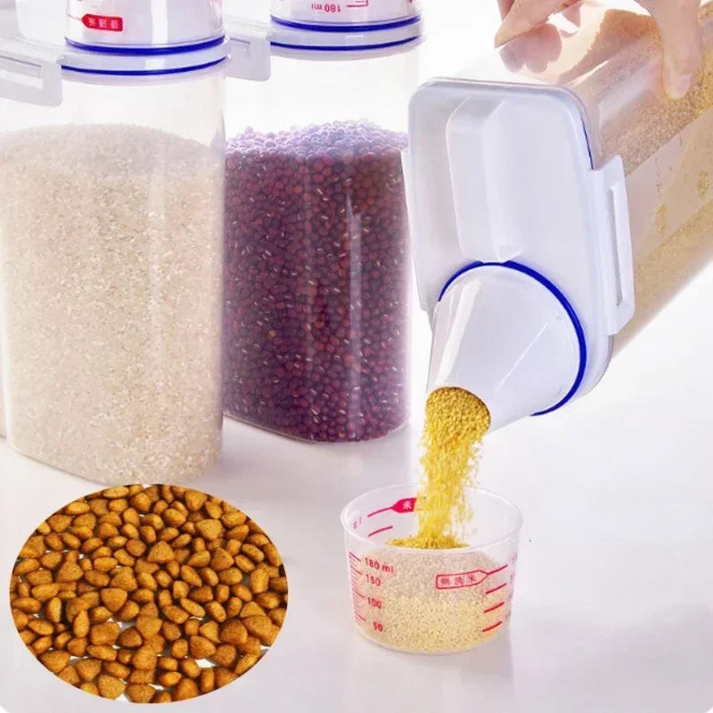 Balde de plástico para armazenamento de comida para cães e gatos, 1.5kg/2kg, com copo medidor, recipiente à prova de umidade, jarra selada, acessórios para animais de estimação