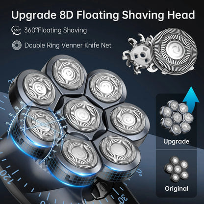 Aparador de Cabelo Elétrico 6 em 1 para Homens Calvos, 7 Lâminas Flutuantes, Recarregável via USB, Display LED, à Prova d'Água