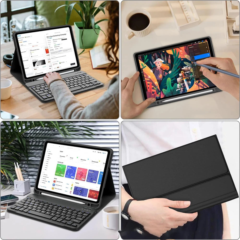 Capa de teclado para iPad (A16) 11a/10a geração, teclado sem fio removível, capa de teclado folio com suporte para lápis