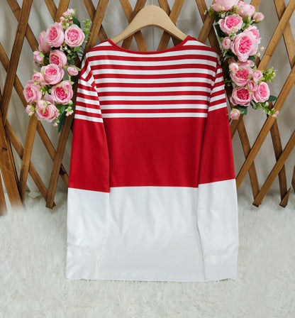 Pulôver feminino com zíper quarto e listras, adequado para street wear, uso diário, estilo casual estampado, gola redonda, manga comprida, s