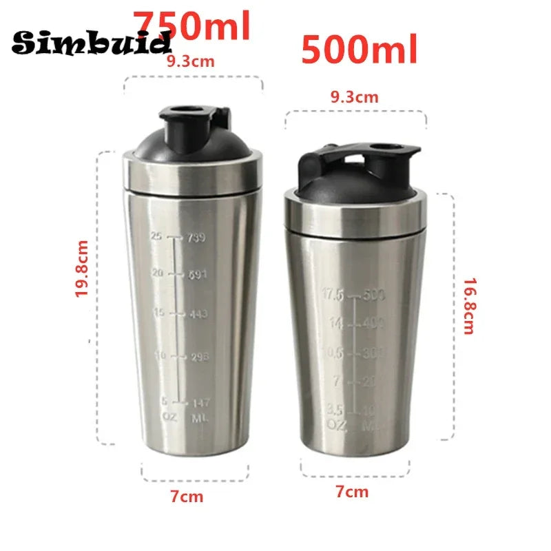 Garrafa agitadora de proteína em pó de aço inoxidável com bola de aço e escala à prova de vazamento ginásio fitness esporte trigo shakes copo