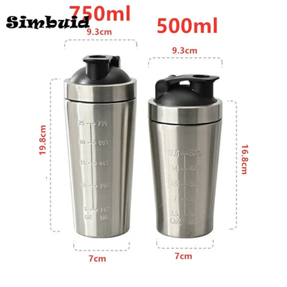 Garrafa agitadora de proteína em pó de aço inoxidável com bola de aço e escala à prova de vazamento ginásio fitness esporte trigo shakes copo