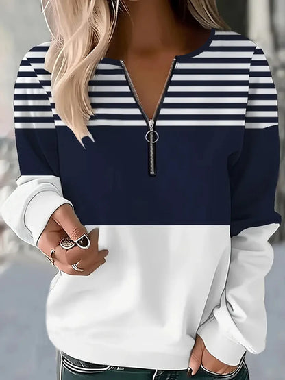 Pulôver feminino com zíper quarto e listras, adequado para street wear, uso diário, estilo casual estampado, gola redonda, manga comprida, s